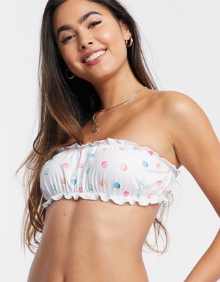 Miss Selfridge ruffle bandeau bikini top in multi spot print