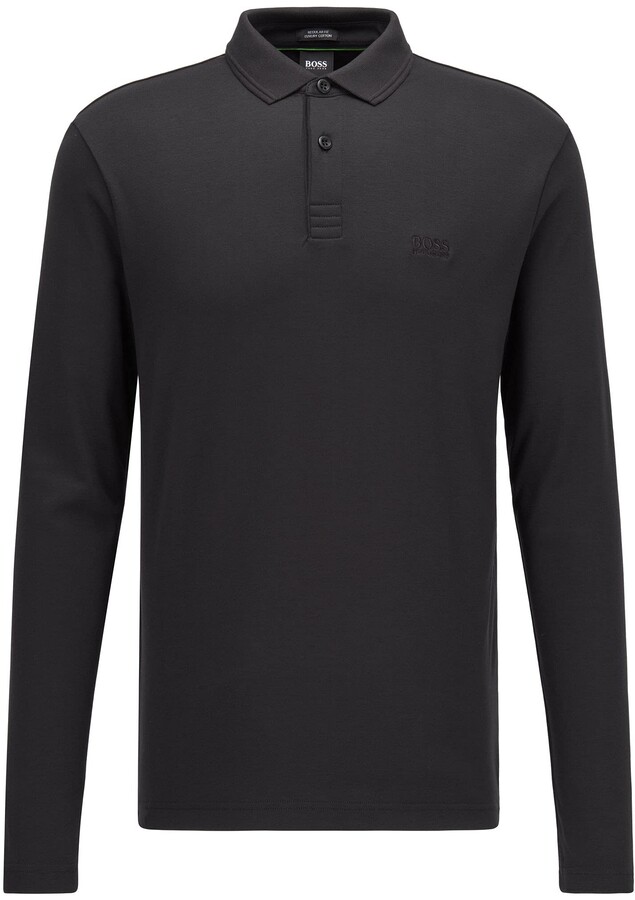 BOSS Mens Pirol Long-Sleeved Polo Shirt in Interlock Cotton Black ...