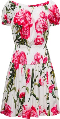 Dolce & Gabbana Mini Multicolor Dress with Carnations Print and Straight Neck in Cotton Woman