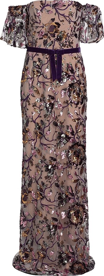 Women's Floral Sequin Off-the-Shoulder Gown - Lilac Wine - Size 0