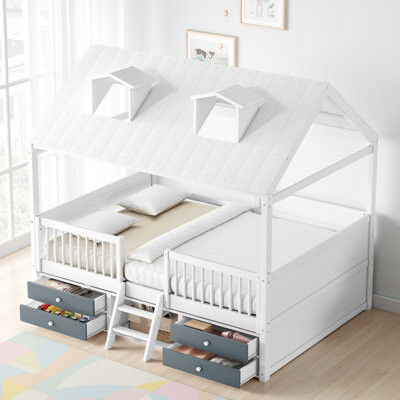 Harper Orchard Wodden Kids Bed With Dreamy Skylight Windows and Adventure Ladder