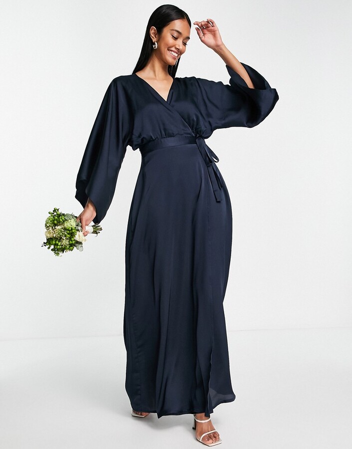 TFNC Bridesmaid kimono sleeve satin wrap maxi dress in navy - ShopStyle