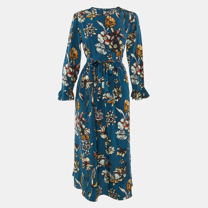 S Max Mara S' Max Mara Teal Blue Floral Print Silk Midi Dress L