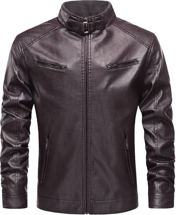 VGOLS Men's Standup Collar Zip Leather Jacket Slim Thin Warm