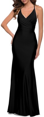 La Femme Fitted Jersey Halter Gown