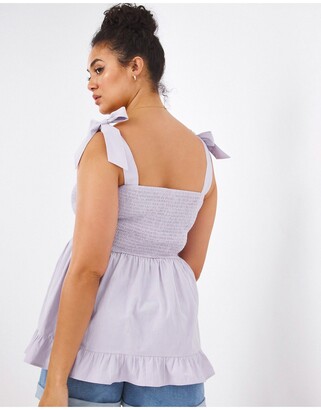 Simply Be shirred peplum cami top with tie shoulder in lilac
