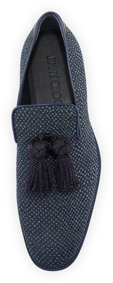 Jimmy Choo Foxley Python-Textured Denim Tassel Loafer, Black
