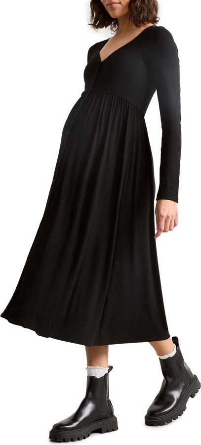 Hatch Maternity The Softest Rib Nursing Friendly Dress - Biscotti/ivory stripe