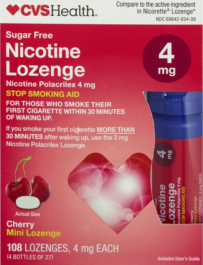 CVS Sugar Free Nicotine 4mg Lozenge, Cherry, 108 CT