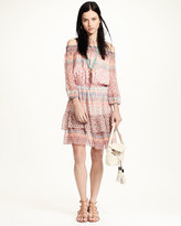 Thumbnail for your product : Shoshanna 3/4-Sleeve Off-the-Shoulder Printed Silk Dress, Apricot/Multi