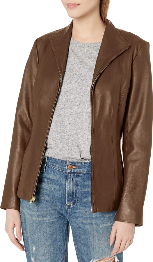 Cole Haan Womens Leather Wing Collared Jacket