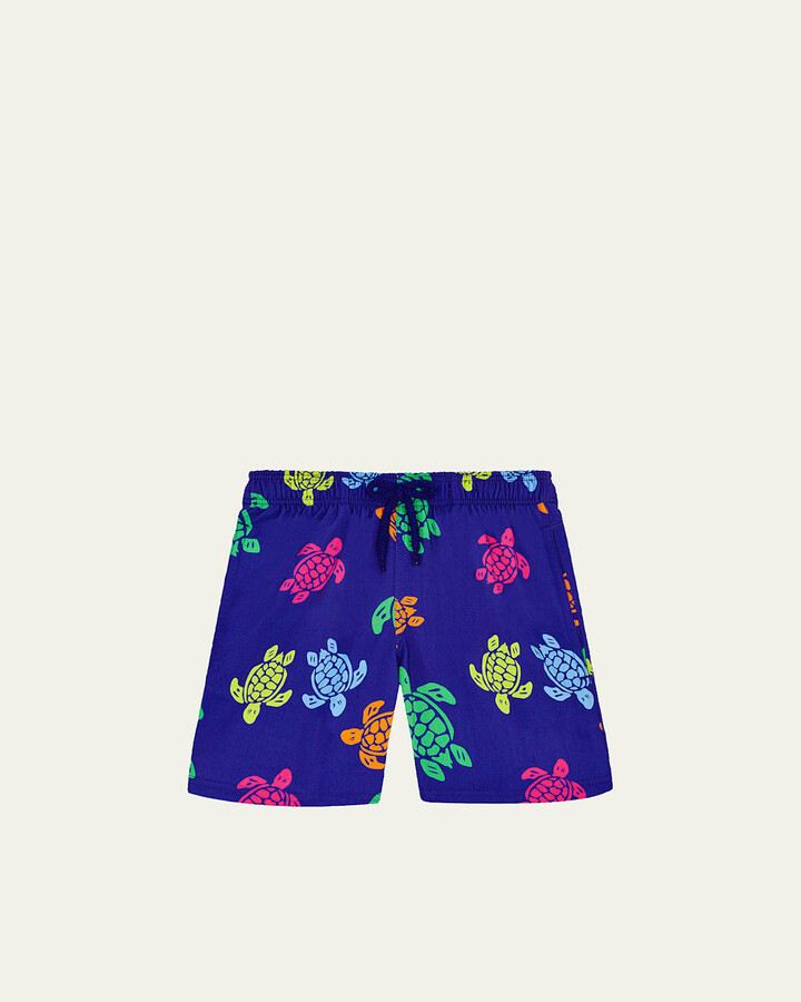 Boy's Multicolor Turtle-Print Swim Trunks, Size 2-14