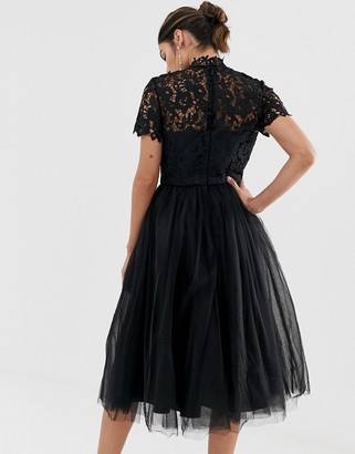 Chi Chi London high neck lace midi dress with tulle skirt in black -  ShopStyle