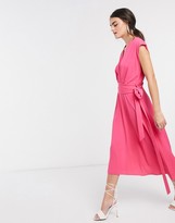 Thumbnail for your product : ASOS DESIGN sleeveless pleat front midi skater dress with obi belt in hot pink