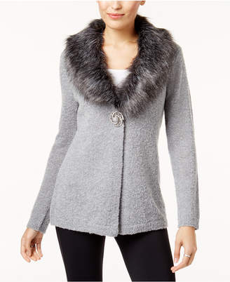 JM Collection Faux-Fur-Collar Brooch Cardigan, Created for Macy's