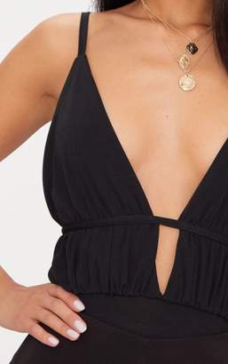 PrettyLittleThing Black Ruched Strappy Detail Thong Bodysuit