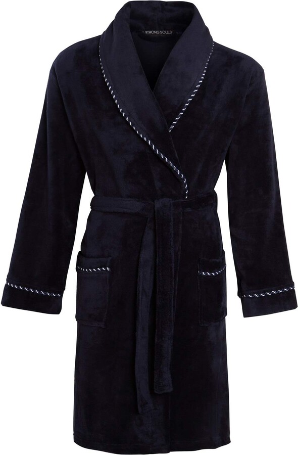 Strong Souls Mens Luxury Fleece Dressing Gown Rope Trim Navy Medium