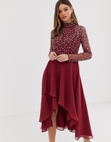 asos design midi dress with pinny bodice in 3d floral embellishment
