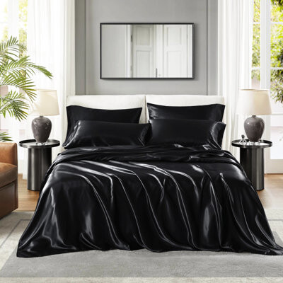 CaneCreations Split 7 Pcs Black 100% Satin Luxury Sheet , Soft And Smooth Texture, - , 1 Flat, 2 Fitted, 4 Pillowcases Wrinkle , Gentle,