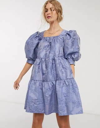 Sister Jane mini smock dress with tiered skirt and puff sleeves in rose jacquard