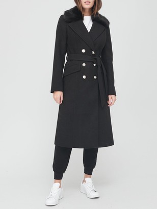 Very Long Military Coat With Faux Fur Collar Black