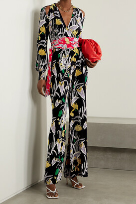 Diane von Furstenberg Hesy Belted Cold-shoulder Floral-print Silk-crepe  Jumpsuit - Black - ShopStyle
