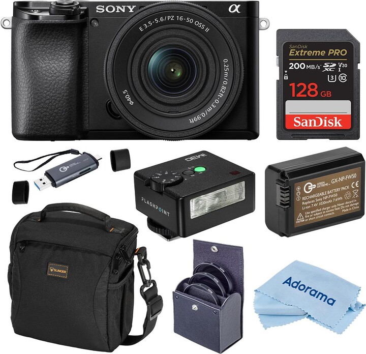 Sony Alpha a6100 Mirrorless Camera with 16-50mm f/3.5-5.6 Lens, Bundle with iM30 Mini Flash, 128GB Sdxc Memory Card and Np-FW50 Battery