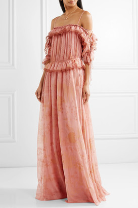 Valentino Off-the-shoulder Ruffled Printed Silk-chiffon Gown - Antique rose