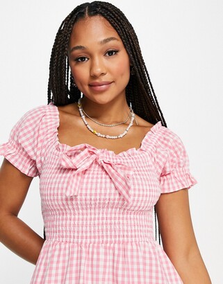 Influence of the shoulder mini dress in pink gingham