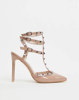 Public Desire Wide Fit Stush studded heeled court shoe in blush patent