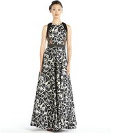 Thumbnail for your product : Carmen Marc Valvo ivory, black and blue printed silk gazar and lace ball gown