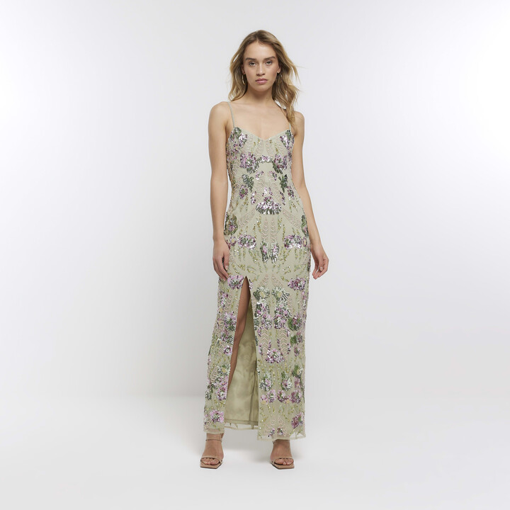 River Island Womens Green Floral Sequin Bodycon Maxi Dress ShopStyle