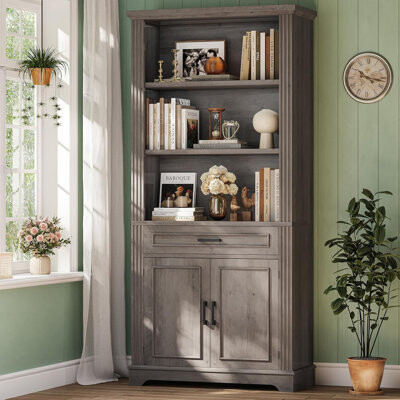 Farmhouse Bookshelves and Bookcases with Doors and Drawer, Bookshelf with Storage, Floor Standing 6 Shelf Display Storage Shelves 70 in Tall Bookshelf