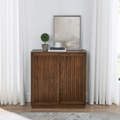 Mid Century Sideboard with 2 Sliding Doors and Solid Wood Strips, Versatile Storage for Living Room and Kitchen