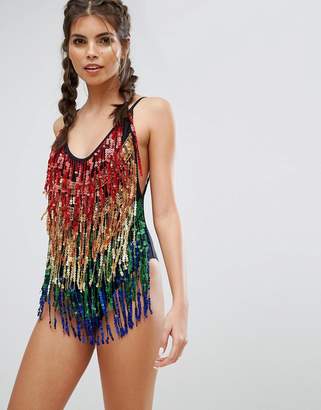 Jaded London Rainbow Sequin Fringe Swimsuit