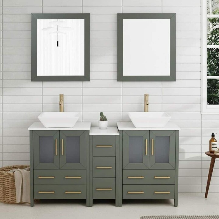 Vanity Art 60 in. W Double Basin Vintage Green Bath Vanity with White Engineered Marble Top and Mirror