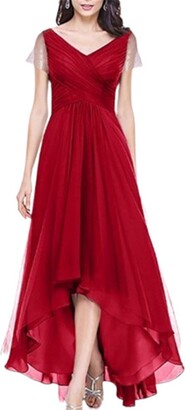 ZLDDE Womens V-Neck Short Sleeve High Low Evening Dress Wedding Party Prom Cocktail Ball Gown Red