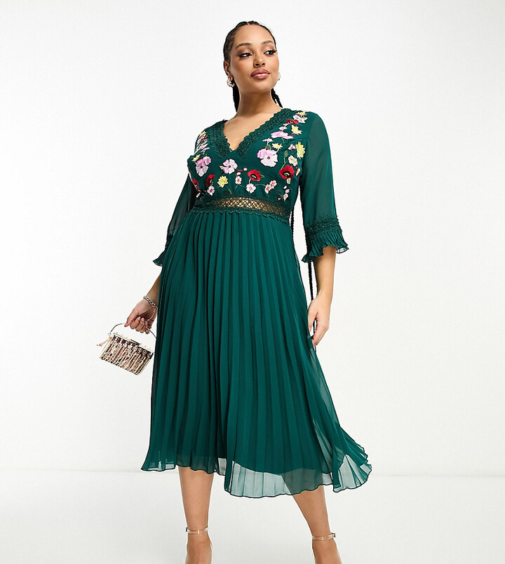 Asos Curve Asos Design Curve Lace Insert Pleated Midi Dress With Embroidery  In Forest Green - Shopstyle