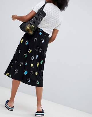 Monki All Over Face Print Midi Skirt