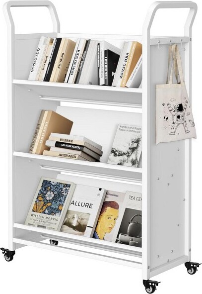 DobleePy BookCartwithWheelsHeavy-DutyMobileBookshelfOrganizerSingleSidedV-ShapedRollingLibraryCartforOfficeSchoolHomeWhite