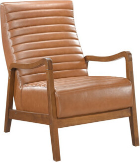 Corrigan Studio Walnut Finish Accent Chair Brown Faux Leather Solid Rubberwood For Living Room Furniture Modern Chair With Leather Cover And Construction