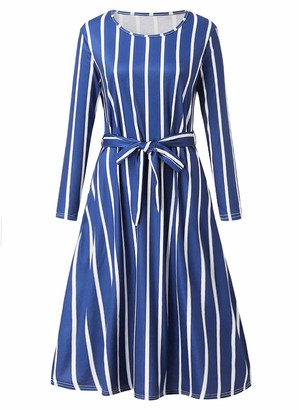 WonderBabe Women's Casual Tie Waist Dresses Long Sleeve Striped Midi Dress with Pocket Blue Size S