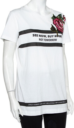 Dolce & Gabbana White Printed Cotton Sequined Rose Applique Detail T-Shirt L