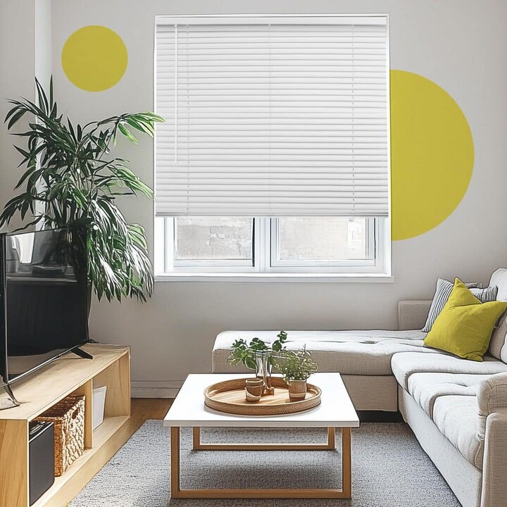 YELLOW BLINDS Misty White 20.5 in. W x 84 in. H Cordless Blackout Vinyl Mini Window Blinds with 1 in. Slats