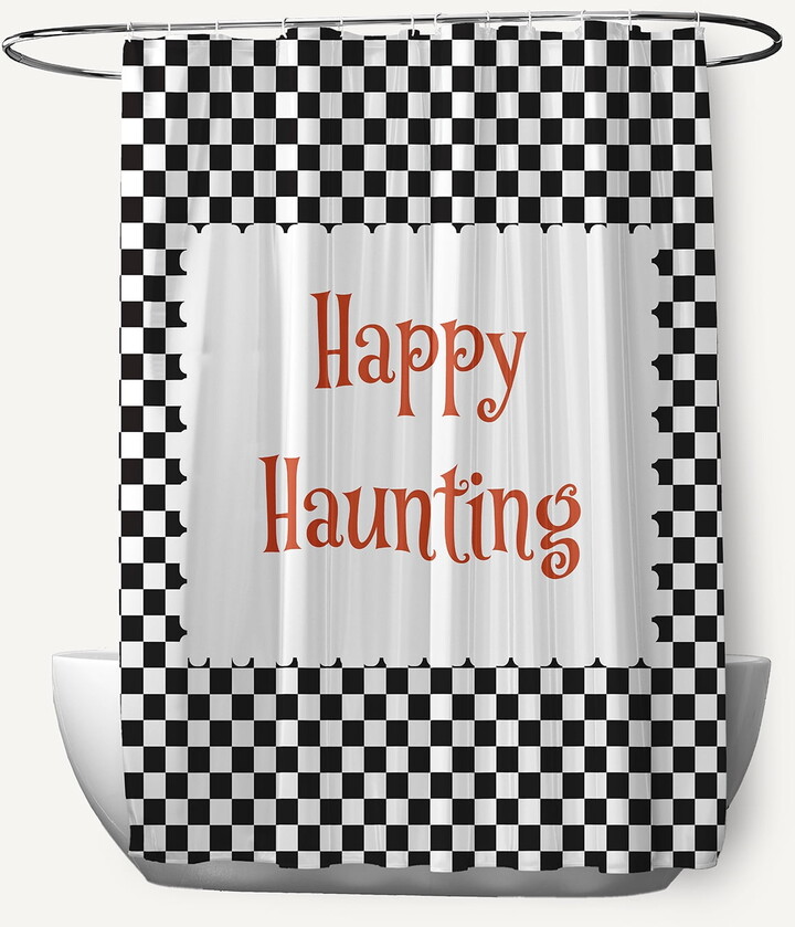 Simply Daisy 70" W x 73" L Halloween Happy Haunting Checks Polyester Shower Curtain, Black [1 Ct]