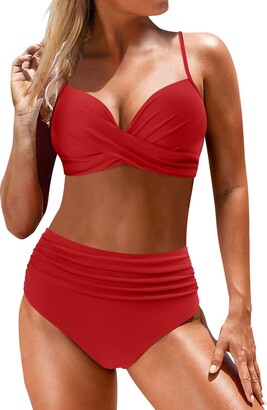 DOULAFASS Women Vintage High Waisted Swimsuit Two Pieces Halter Ruched Bikini 