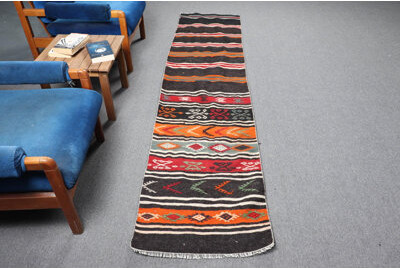 Foundry Select Handwoven Vintage Turkish Kilim Runner Rug with Vibrant Stripe Pattern for Hallways