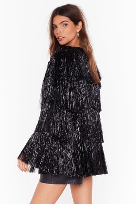 Metallic Tiered Tinsel Fringe Open Front Jacket  Pretty outfits, Tiered  fringe, Open front jacket