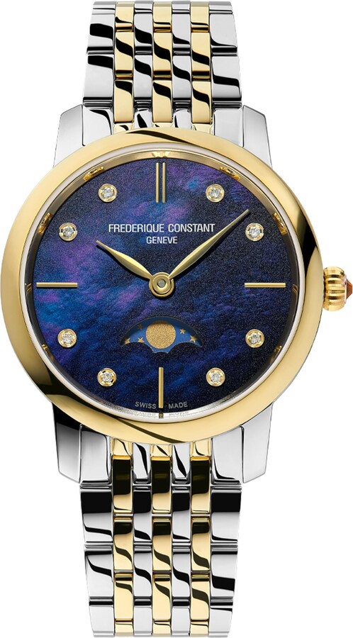 Frederique Constant Ladies Classic Swiss Made Slimline Moonphase Diamond Accent Two Tone Stainless Steel Watch