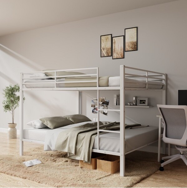 AGHANA DIGITALS AghanaDigitalsLowProfileMetalBunkBedFramewithSafetyGuardRails&LadderHeavyDutyWhite75.98×15×6.5in